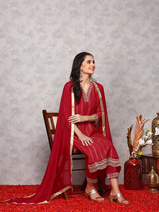 Floral Embroidered Regular Kurta with Trousers & Dupatta