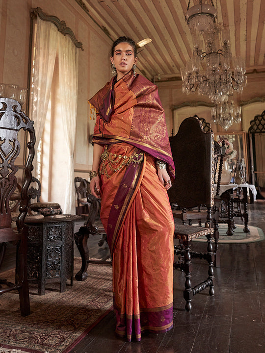 Coral  Tussar Silk Handloom Weaving Saree With Blouse Piece