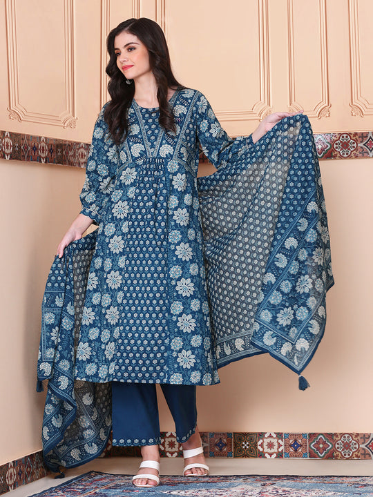 Floral Printed Round Neck Three-Quarter Sleeves Cotton Kurta with Trousers & Dupatta