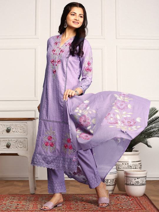 Purple Floral Embroidered Schiffli Pure Cotton Kurta With Trousers & Dupatta