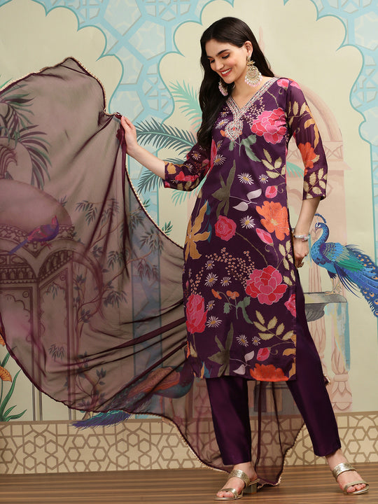 Floral Printed V-Neck Three-Quarter Sleeves Kurta with Trousers & With Dupatta