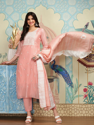 Ethnic Motifs Embroidered Thread Work Straight Kurta with Trousers & Dupatta