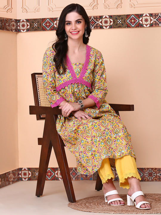 Floral Printed V-Neck Empire Pure Cotton Kurta with Trousers