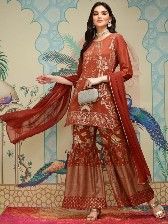 Floral Printed Round Neck Three-Quarter Sleeves Kurti with Sharara & With Dupatta