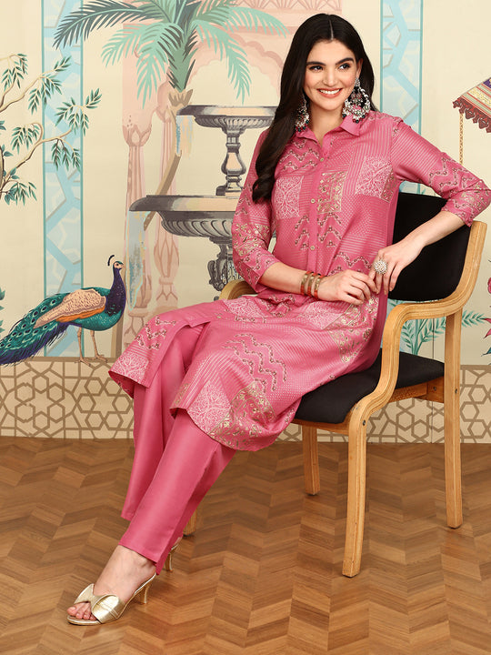 Floral Printed Regular Three-Quarter Sleeves Shirt Collar Kurta with Trousers