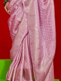 Pink Pure Self Zari Tissue Handloom Silk Saree With Blouse Piece