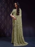 Green Georgette Swarovski Stone Embellished Printed Saree With Blouse Piece