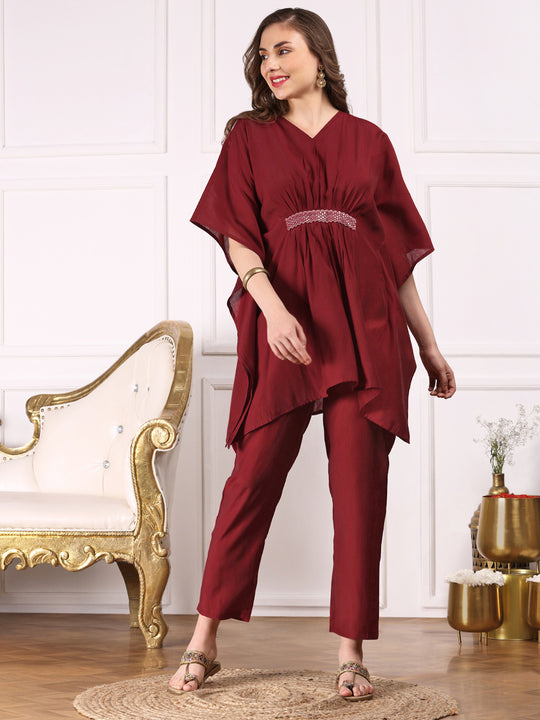 Maroon Kimono Sleeve Asymmetric Kaftan Kurti with Trousers