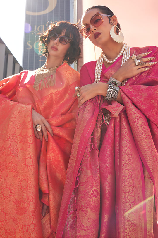 Orange Banarasi Silk Saree With Blouse Piece