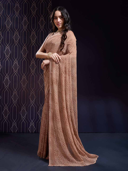 Brown Georgette Swarovski Stone Embellished Printed Saree With Blouse Piece