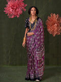 Purple Printed Ajarakh - Satin Crepe Saree With Blouse Piece