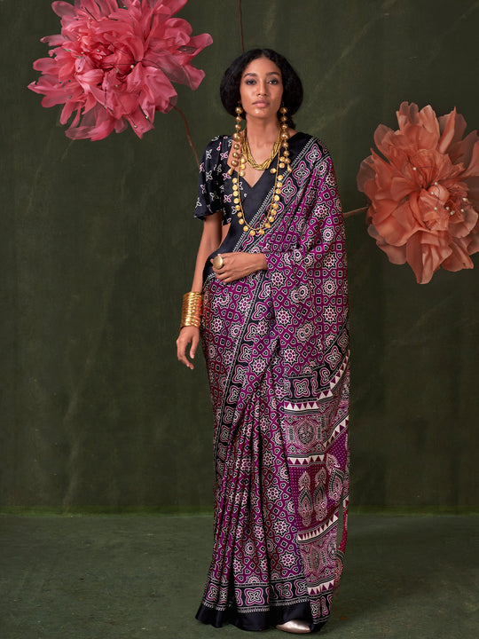 Purple Printed Ajarakh - Satin Crepe Saree With Blouse Piece