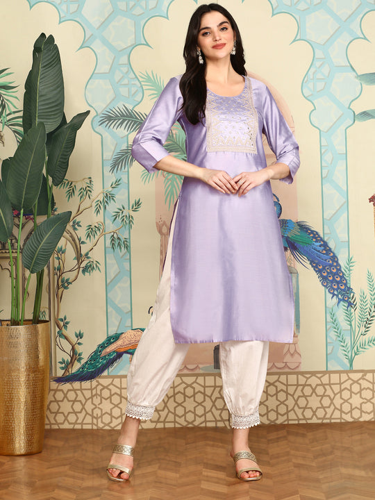 Floral Yoke Design Round Neck Straight Kurta
