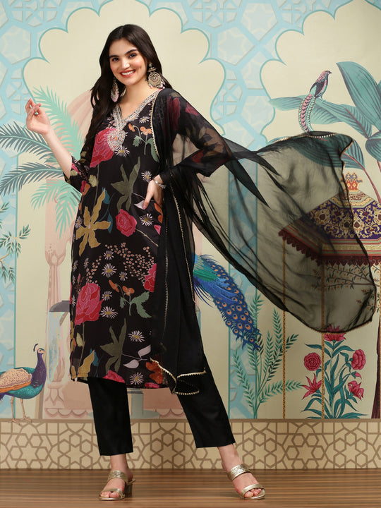 Floral Printed V-Neck Three-Quarter Sleeves Kurta with Trousers & With Dupatta