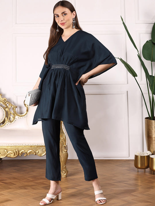 Navy Blue Kimono Sleeve Asymmetric Kaftan Kurti with Trousers