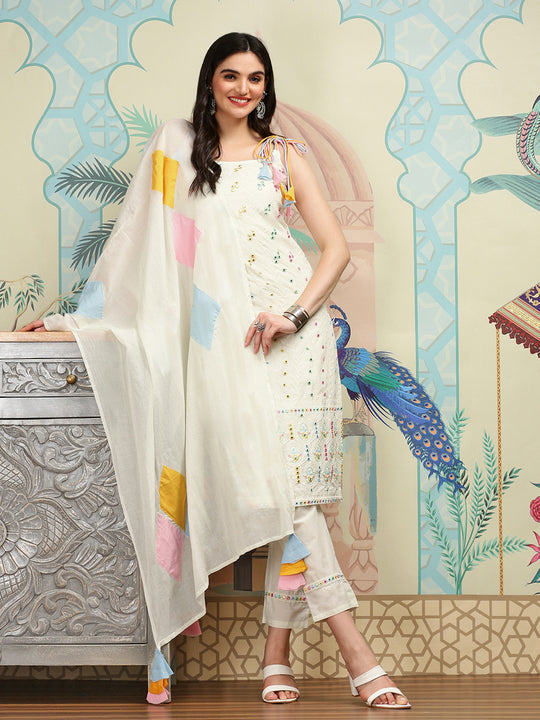 Off White Floral Embroidered Mirror Work Cotton Straight Kurta With Trousers & Dupatta