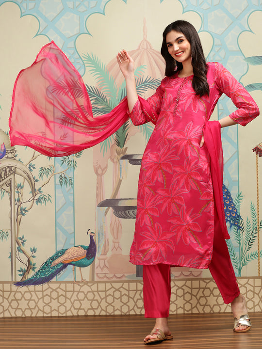 Floral Printed Round Neck Mirror Work Straight Kurta with Trousers & Dupatta
