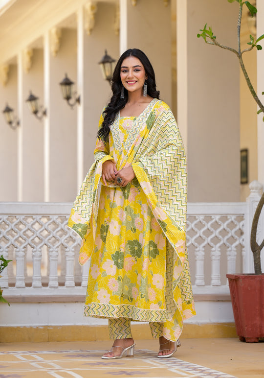 Floral Printed Panelled Beads and Stones Anarkali Kurta With Trouser & Dupatta