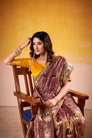 Satin Tissue Woven Design Jacquard Work Handloom  Saree With Blouse Piece