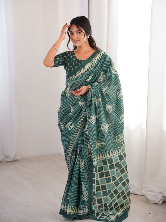 Soft Pure Cotton Hand Bagru Print Sarees With Blouse Pice