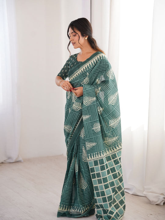Soft Pure Cotton Hand Bagru Print Sarees With Blouse Pice