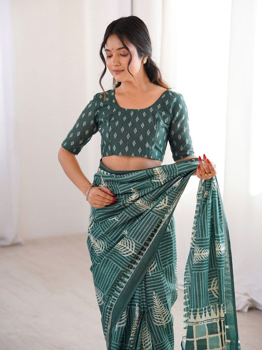 Soft Pure Cotton Hand Bagru Print Sarees With Blouse Pice