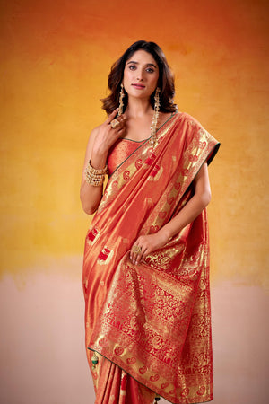 Satin Tissue Woven Design Jacquard Work Handloom  Saree With Blouse Piece