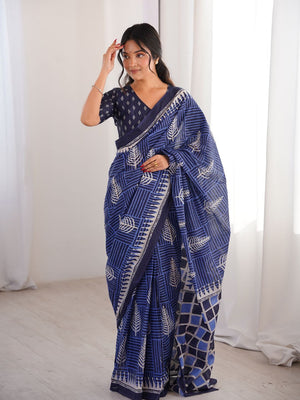 Soft Pure Cotton Hand Bagru Print Sarees With Blouse Pice