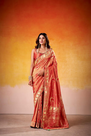 Satin Tissue Woven Design Jacquard Work Handloom  Saree With Blouse Piece