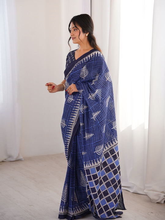 Soft Pure Cotton Hand Bagru Print Sarees With Blouse Pice