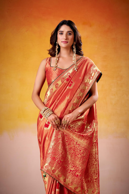 Satin Tissue Woven Design Jacquard Work Handloom  Saree With Blouse Piece