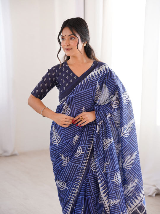 Soft Pure Cotton Hand Bagru Print Sarees With Blouse Pice