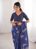 Soft Pure Cotton Hand Bagru Print Sarees With Blouse Pice
