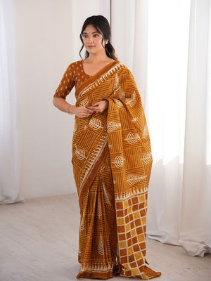 Soft Pure Cotton Hand Bagru Print Sarees With Blouse Pice