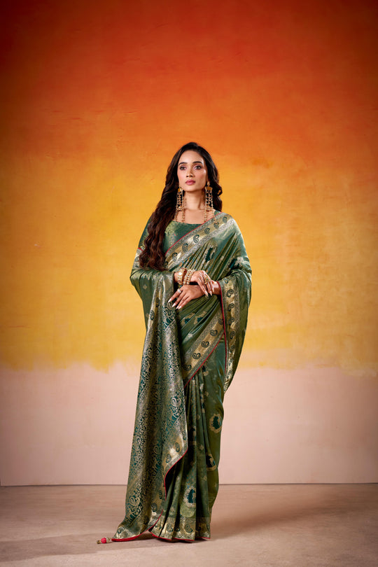 Satin Tissue Woven Design Jacquard Work Handloom  Saree With Blouse Piece
