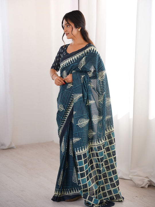 Soft Pure Cotton Hand Bagru Print Sarees With Blouse Pice