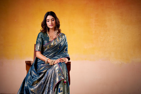 Satin Tissue Woven Design Jacquard Work Handloom  Saree With Blouse Piece