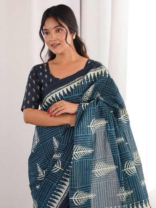 Soft Pure Cotton Hand Bagru Print Sarees With Blouse Pice