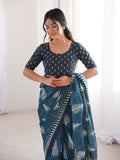 Soft Pure Cotton Hand Bagru Print Sarees With Blouse Pice