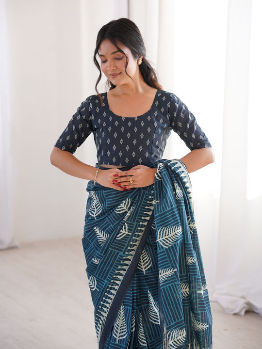 Soft Pure Cotton Hand Bagru Print Sarees With Blouse Pice