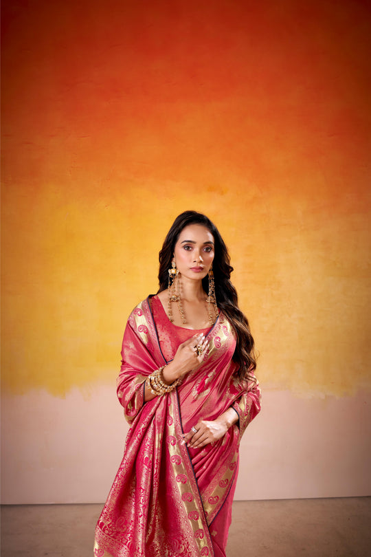 Satin Tissue Woven Design Jacquard Work Handloom  Saree With Blouse Piece