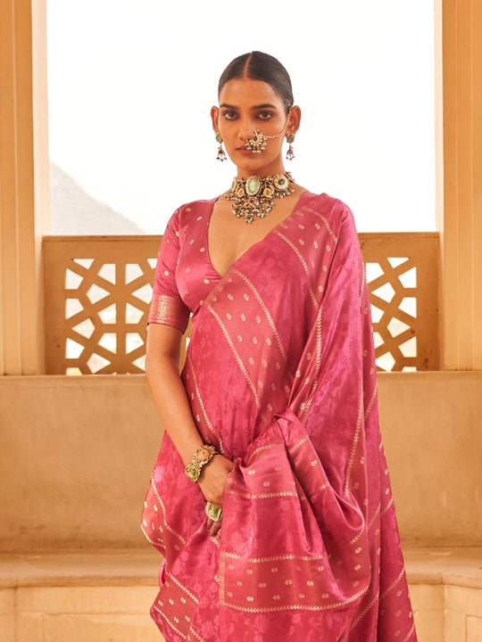 Satin Silk Fabric With Self Jequard And Zari Weaving  Work Banarasi Silk Saree