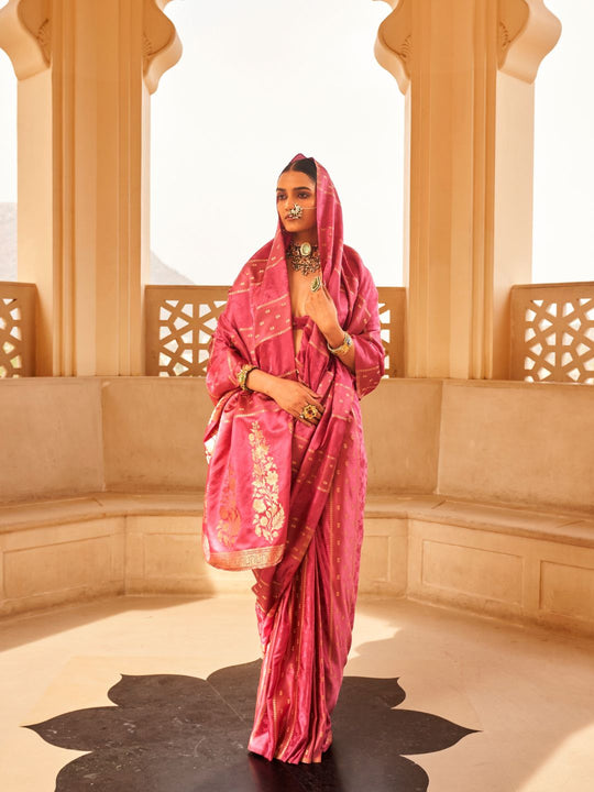 Satin Silk Fabric With Self Jequard And Zari Weaving  Work Banarasi Silk Saree