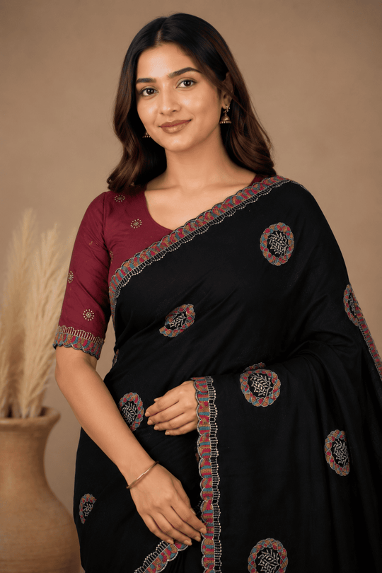 Black Embroidered Saree With Blouse Piece