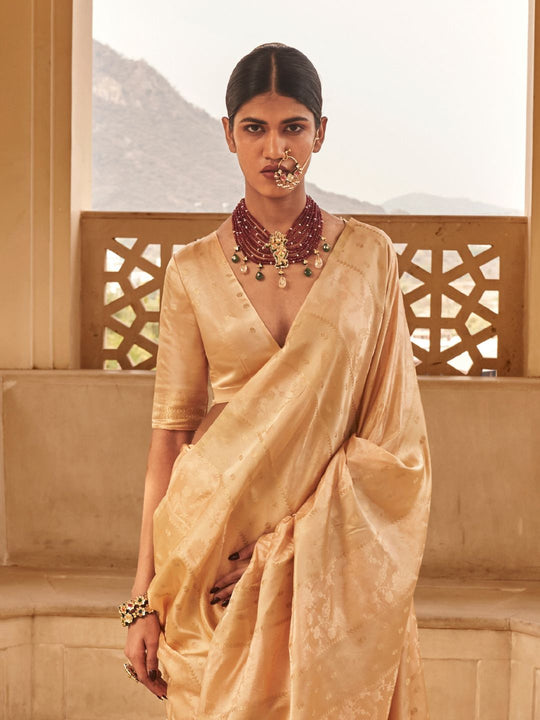 Satin Silk Fabric With Self Jequard And Zari Weaving  Work Banarasi Silk Saree