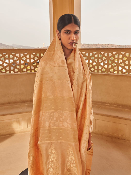 Satin Silk Fabric With Self Jequard And Zari Weaving  Work Banarasi Silk Saree
