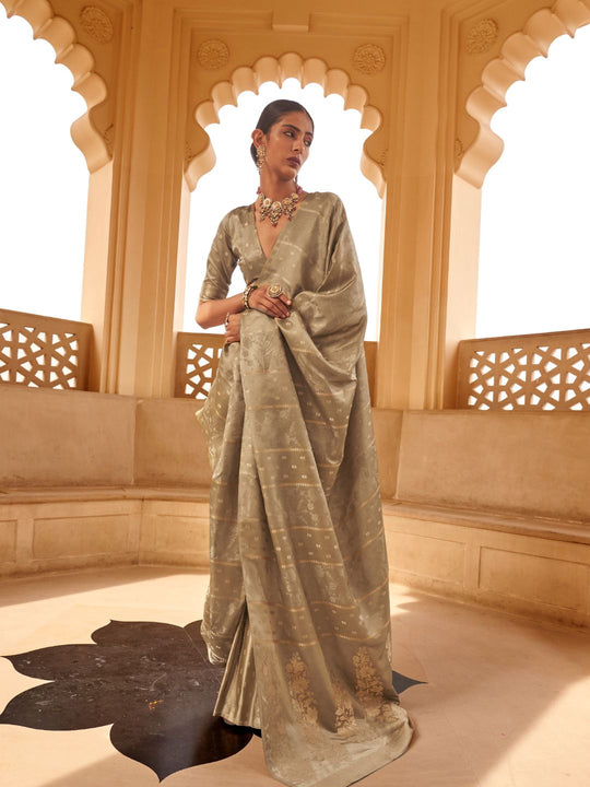 Satin Silk Fabric With Self Jequard And Zari Weaving  Work Banarasi Silk Saree