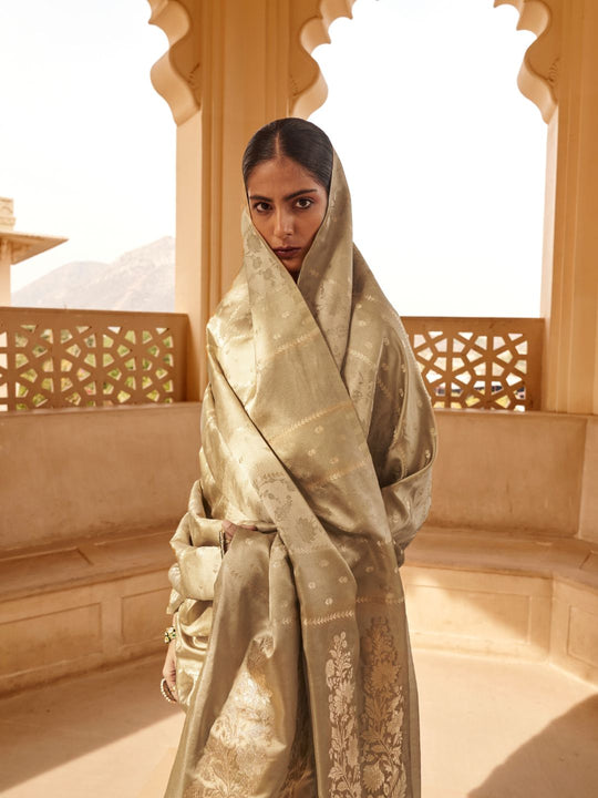 Satin Silk Fabric With Self Jequard And Zari Weaving  Work Banarasi Silk Saree