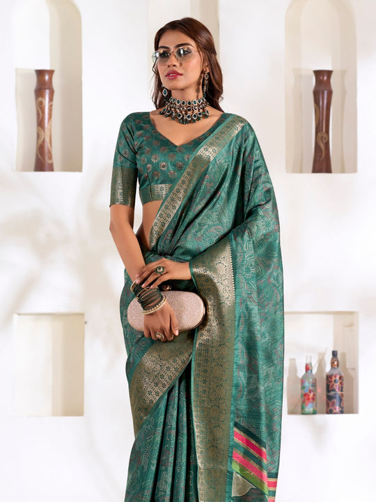 Teal Green Soft Dola Silk With Foil Print & Dusty Colour Matching Saree With Blouse Piece