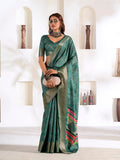 Teal Green Soft Dola Silk With Foil Print & Dusty Colour Matching Saree With Blouse Piece